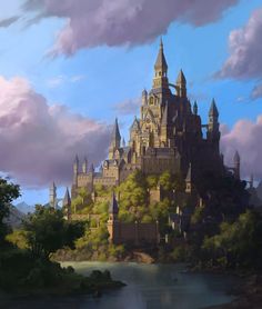 a painting of a castle on top of a hill