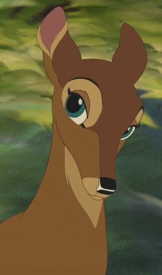 an animated deer with blue eyes standing in the grass