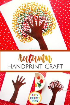 an autumn handprint craft for kids with the words autumn on it and two hands