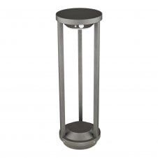 a round metal table with a black top and bottom shelf on one side, the other end