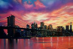 a painting of a cityscape with the brooklyn bridge in the foreground at sunset