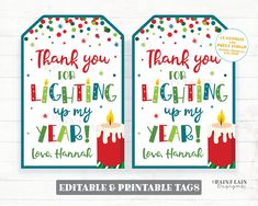 two thank tags with candles and confetti on them for lighting up my year