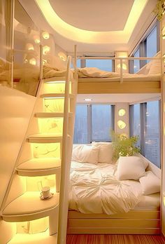 there is a bunk bed in the room with stairs to the second floor and lights above it