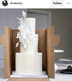 a three tiered white cake in a cardboard box