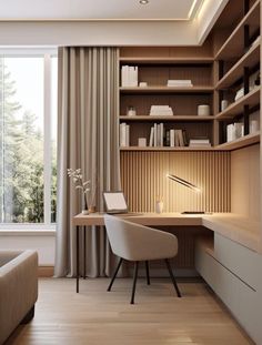 a room with a desk, bookshelf and window