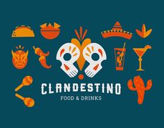 the logo for clandestino food and drinks, featuring two skulls holding hands