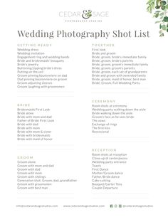 the wedding photography shot list is shown