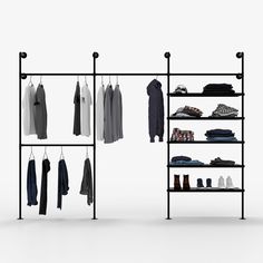 an image of a clothes rack with shoes and shirts hanging on the racks in front of it