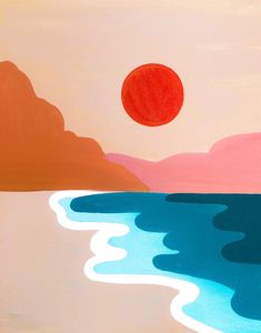 an abstract painting of the ocean with mountains in the background and a red sun above it