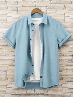 Summer Shirts Men, Mens Summer Outfits, Light Blue Shorts, Plain Shirt, Men Shirts, Comfy Shorts, Turndown Collar, Plain Shirts, Color Shorts