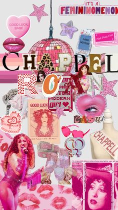 a collage of pink and purple images