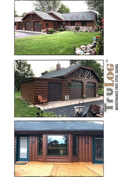 two pictures of a log cabin with the same roof and side by side photos of it