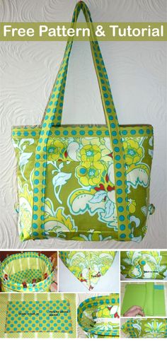 an image of a green bag with flowers on it and the words free bag sewing pattern