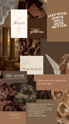 a collage with different images and words on the bottom, including jesus's face