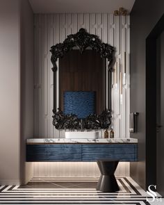 a bathroom with a large mirror and blue cabinet in the center, along with black and white striped flooring