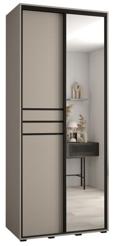 an image of a white and black cabinet with its door open to reveal the room