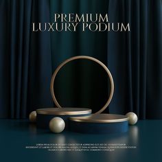 an advertisement for the luxury poutum brand with two round mirrors and balls in front of blue curtains