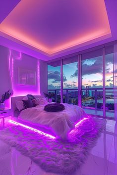 room decor Modern Bedroom Ideas Led Lights, Pretty Cozy Bedroom, Purple Neon Bedroom, Girly Apartments Bedroom, Led Lights Around Room, Aesthetic Room Pictures For Wall, My Dream Room Led Lights, Lighting Room Ideas, Cute Teenage Room Ideas