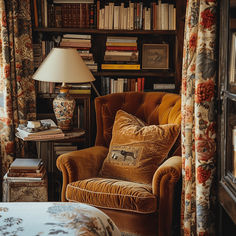 a chair and lamp in a room with bookshelves