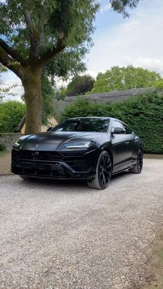 a black sports car parked in front of a tree