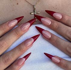 French Tip Pointed Nail, Deep Red Tip Nails, Red French Stiletto Nails, Red Acrylic Nails Stiletto, Red Long Almond Nails, Almond Red French Tip, Long Red Almond Nails, Neutral Stiletto Nails, French Nails Stiletto