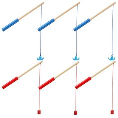 four different types of plastic objects hanging from strings and poles, each with a blue handle