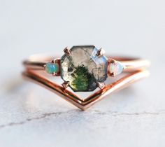 Moss agate engagement ring set, Gemstone ring, Rustic opal set, Organi Hexagon Wedding, Geometric Stone, Moss Agate Engagement Ring, Agate Engagement Ring, Moss Agate Ring, Opal Engagement, Engagement Rings Opal, Agate Ring, Original Jewelry