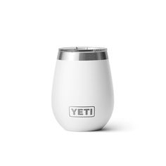 the yeti stemless wine glass is white with a silver lid