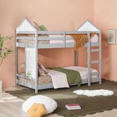 a child's bedroom with a bunk bed and rugs on the floor in front of it