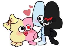 three cartoon characters are hugging each other with hearts in the background and one has his mouth open