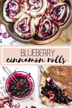 blueberry cinnamon rolls in a pan and on a plate