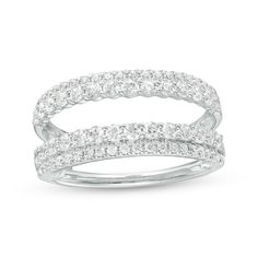 Simple yet stunning, this diamond double-row enhancer breathes new life into your bridal look. Crafted in 14K white gold Raised rows of diamonds shimmer beside outer ribbons of slightly smaller diamonds. This double-sided look is designed to surround a solitaire ring or other ring style. 1 ct. t.w. of diamonds Double Band Diamond Ring For Anniversary, Wedding Diamond Ring With Double Band, Double Band Diamond Wedding Ring, Wedding Double Band Diamond Ring, Formal Double Band Diamond Ring, Ring Enhancers, Engagement Ring Plain Band, Solitaire Enhancer, Ring Enhancer