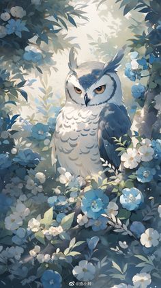 an owl sitting on top of a tree surrounded by blue and white flowers in the forest