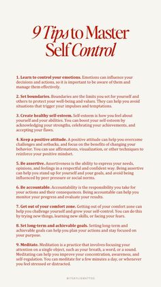 Master self-control with our nine transformative tips. Develop discipline, foster patience, set clear boundaries, and boost your willpower. Cultivating self-control can lead to a stronger, more balanced you. Embrace personal development, growth mindset, and stride towards your highest self. Achieve success with self-control and personal growth.  master self-control, discipline, patience, clear boundaries, willpower, personal development, growth mindset, highest self, success, self-control, personal growth, build a better you, women wealth and wellness club Self Growth Ideas For Women, How To Set Yourself Up For Success, How To Have More Self Control, Tips For Personal Growth, Self Control And Discipline, How To Control My Mind, How To Master Self Discipline, Master Self Discipline, Mastering Self Control