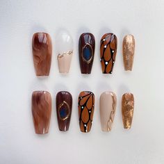 custom nails,long nails ,short nails ,long Coffin Nails,short Coffin Nails,long almond nails,short almond nails,Spring Nails,summer Nails,fall nails,fake nails,presson nails,kawaii nails,gyaru nails,glue on nails,false nails,cute nails,christmas nails,chrome nails,Stiletto Nail,Princess nails,Fairy Nails, Elegant nails,Trendy nails 🌸About the product  1.Each set include 10 nails of 100% handmade  2. Cuticle stick 3. Nail file 4. Jelly glue set 5. Packaging storage box 🌸Material: Acrylic 🌸How to measure the size？ 1. Measure the bare nails without nail polish 2. Use a tape measure to measure the widest part of the nail 3. Align the scale to the left edge of the nail, close to the curvature of the nail arc 4. Align the scale to the right edge of the nail, close to the curvature of the nail Fall Nails Airbrush, Butterfly Fall Nails, Fall Birthday Nails Coffin, Brown Funky Nails, Turkey Day Nails, Brown Elegant Nails, Fall Press On Nail Designs, Thanksgiving Inspired Nails, Fall Nails Extra