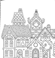 a black and white drawing of a house with christmas decorations