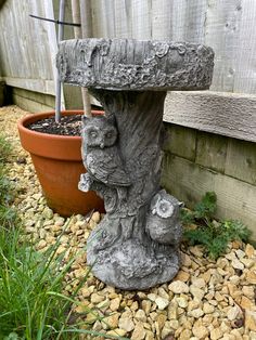 a cement bird bath sitting next to a potted plant in a garden with rocks on the ground