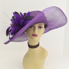 "✿*.Key Features.*✿ This is a wide loopy brim Hat with a big feather flower, fashion, elegant, beautiful. Great for Kentucky derby, weddings, church, Easter, Royal Ascot, horse races, cocktails, tea party, or any hat wearing occasion. Hat base size: From front to back appr: 20.5\" (52cm) From left to right appr: 20.5\" (52cm) Wide brim Appr: 6.5~8\"\" Head girth: 22.5\"(57cm), adjustable string inside to make smaller to fit your head. If you want other colors in this style, just search the same Luxury Purple Mini Hat With Curved Brim, Luxury Purple Mini Hats For Races, Purple Wide Brim Hat For Races, Purple Wide Brim Mini Hat For Royal Ascot, Purple Top Hat For Kentucky Derby, Royal Ascot Purple Wide Brim Fascinator, Wide Brim Purple Fascinator For Races, Purple Feathered Hats For Summer, Purple Feathered Hat For Kentucky Derby