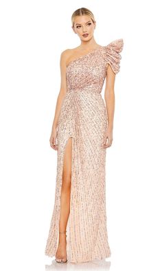 One shoulder beaded fitted formal long dress with bold sleeve design. One Sleeve Gown, Sequin Belt, Mac Duggal Prom, Mac Duggal Dress, Prom Long, Mac Duggal Dresses, One Shoulder Gown, Perfect Prom Dress, Column Gown