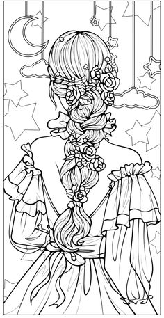 a coloring page with a girl in a dress and stars on her head, looking out the window