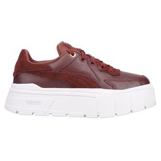 Meet the Mayze Stack from PUMA. This fresh twist on the Mayze features a brand-new platform sole and sleek details for a bold, fashion-forward look. $39.95 Burgundy Sneakers, Red Sneakers, Platform Sneakers, Shoe Store, Shoes Online, Casual Sneakers, Lady In Red, Running Shoes, Casual Shoes