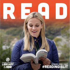 a woman reading a book with the words read on it