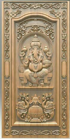 an intricately carved wooden panel depicting the hindu god ganesha, with ornate border around it