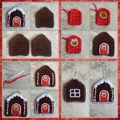 crocheted christmas ornaments are displayed on a red tablecloth with white and brown trim