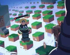 a man standing in front of a bunch of cubes on a snow covered ground