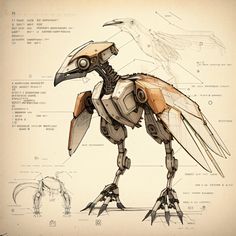 a drawing of a bird made out of mechanical parts, including the wings and head