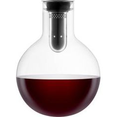 a wine decanter with a red liquid in it's bottom, on a white background