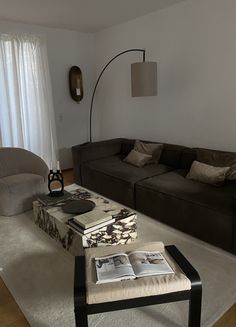 a living room with two couches and a coffee table in front of a window