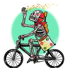 a skeleton riding a bike with a bag on it's back and holding a lit candle in its hand