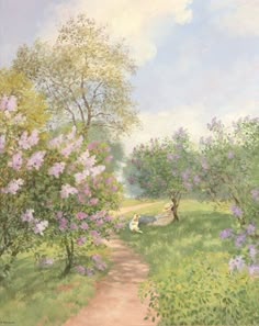 a painting of a woman laying in the grass next to trees and flowers on a sunny day